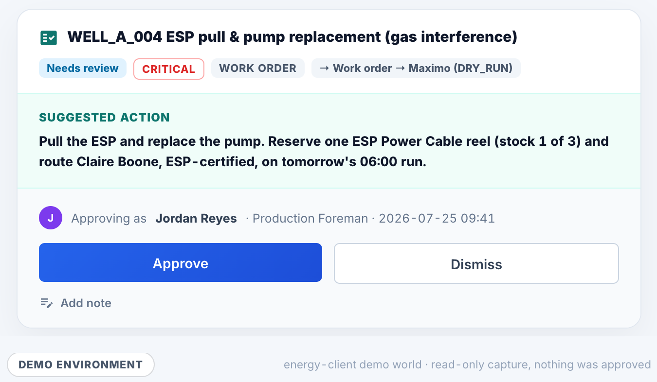 A drafted work order marked Needs review and CRITICAL, routed to Maximo in DRY_RUN, with the named approver and an Approve button visible.